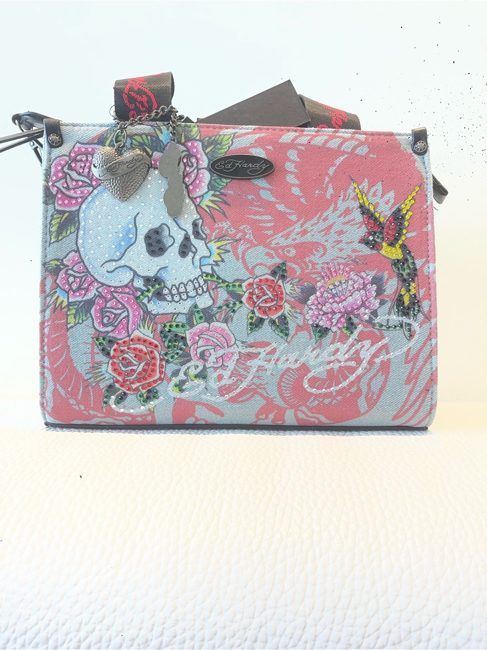 Ed Hardy Y2K Pink Denim Skull Rose Rhinestone Tote Bag NWT Rare Tattoo Style